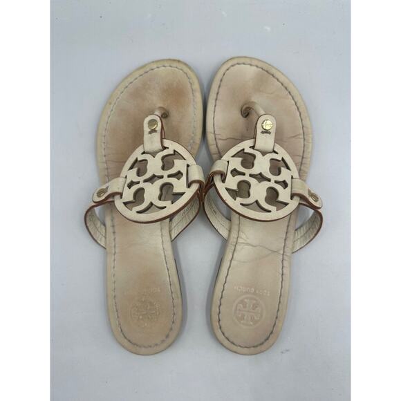 Tory Burch Women's Miller US 7.5M White Leather Logo Flat Thong Sandals - Picture 1 of 11